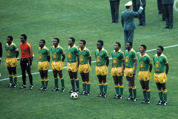 (GERMANY OUT) football, world championship, 1974, 1. Final Round, Group II, Park Stadium Gelsenkirchen, Zaire, Democratic Republic of Congo versus Brazil 0:3, team shot of Zaire, f.l.t.r. Mantantu Kidumu, keeper Muamba Kazadi, Mabwene Mana, Mwanza Mukombo, Raymond Bwanga, Adelard Maku Mayanga, Wamunda Tshimabu, Mafu Kibonge, Kalala Ntumba, Boba Lobilo, Ilunga Mwepu  (Photo by Werner OTTO/ullstein bild via Getty Images)