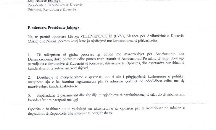 Letra e opozitës drejtuar presidentes