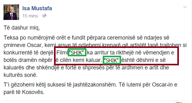 Isa Mustafa ia huq përsëri: Në vend të filmit “SHOK” shkruan “SHIK”