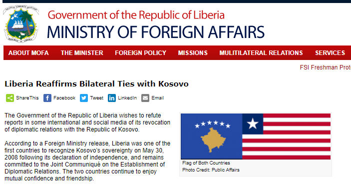 Liberia demanton Serbinë rreth Kosovës