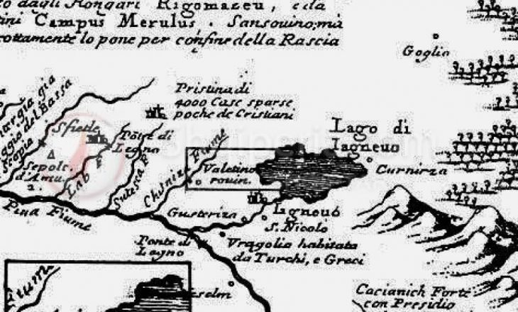 Harta e vitit 1689, në plan të parë Fushë Kosova (CAMPO CASSOVO)