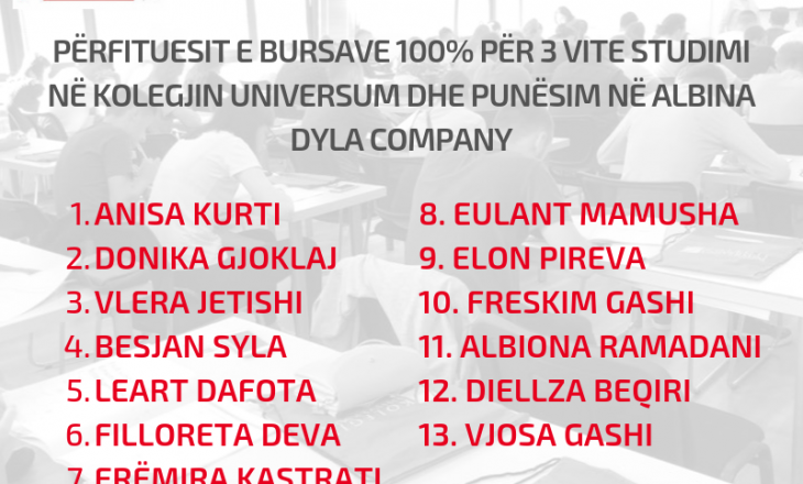Lista përfundimtare e studentëve nga Gjakova dhe Prishtina përfitues të BURSAVE dhe PUNËSIMIT nga Kolegji Universum dhe kompania Albina Dyla
