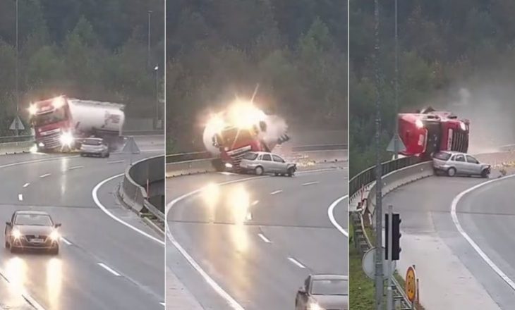 Pamjet e një aksidenti të tmerrshëm në Slloveni: Vetura godet kamionin dhe e nxjerr nga rruga – përfundon në humnerë