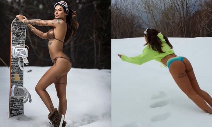 Morena Taraku me bikini shtrihet në dëborë