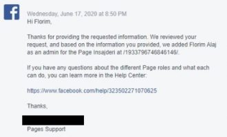 DOKUMENT: Facebook zyrtarisht rikthen faqen sociale tek Insajderi.com