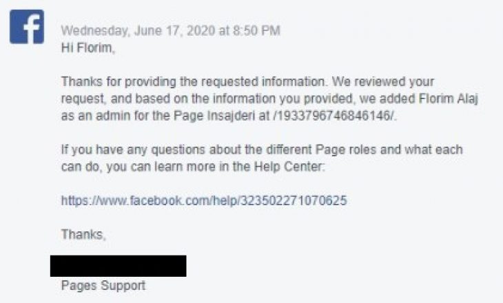DOKUMENT: Facebook zyrtarisht rikthen faqen sociale tek Insajderi.com
